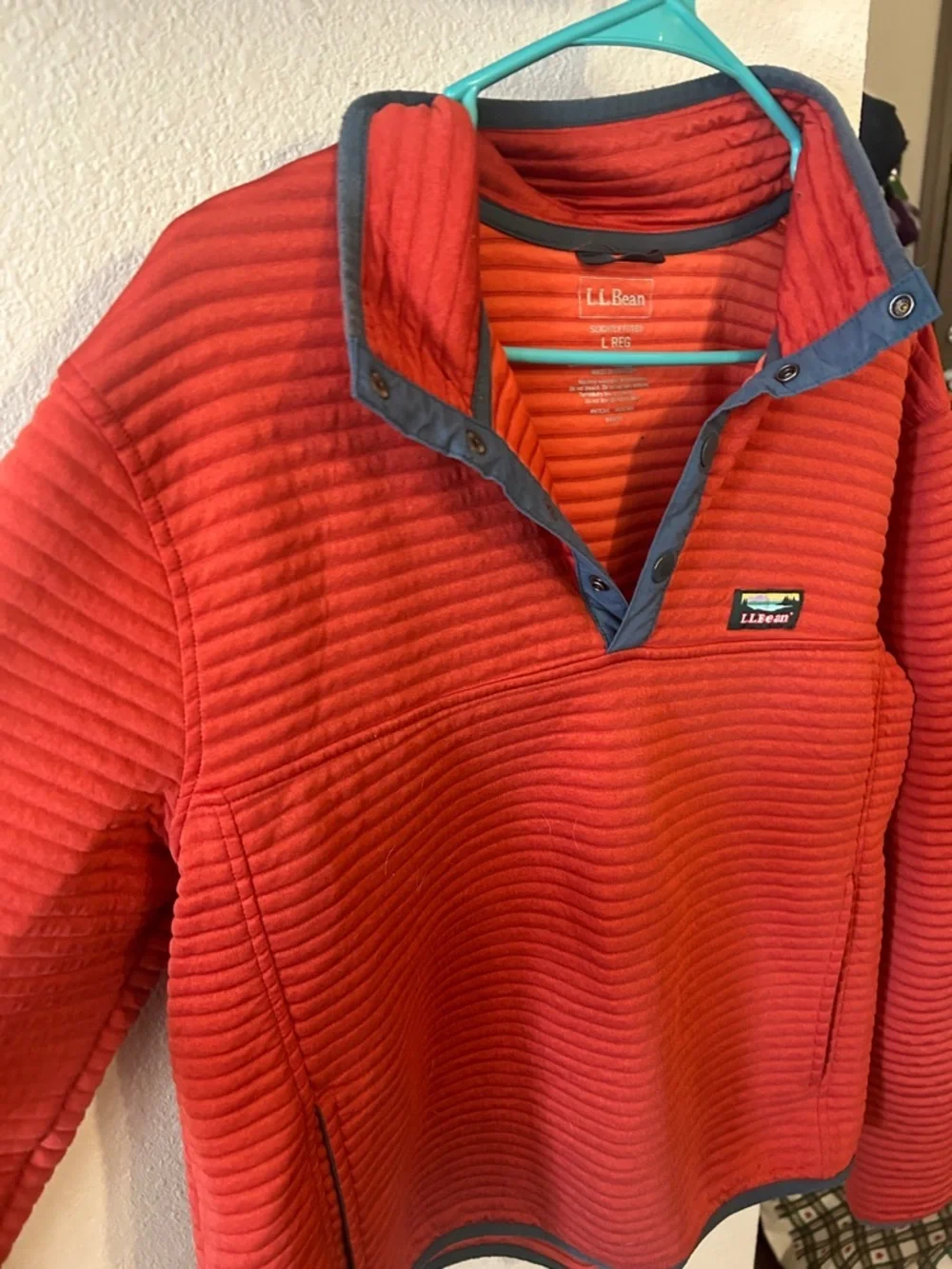 L.L. Bean Men's Red Quilted Zip-Front Pullover with Gray Trim